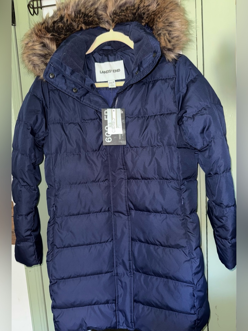 BNWT!!! Lands' End Navy Winter Coat with Fleece Lined/Faux-Fur Hood - Size XSP